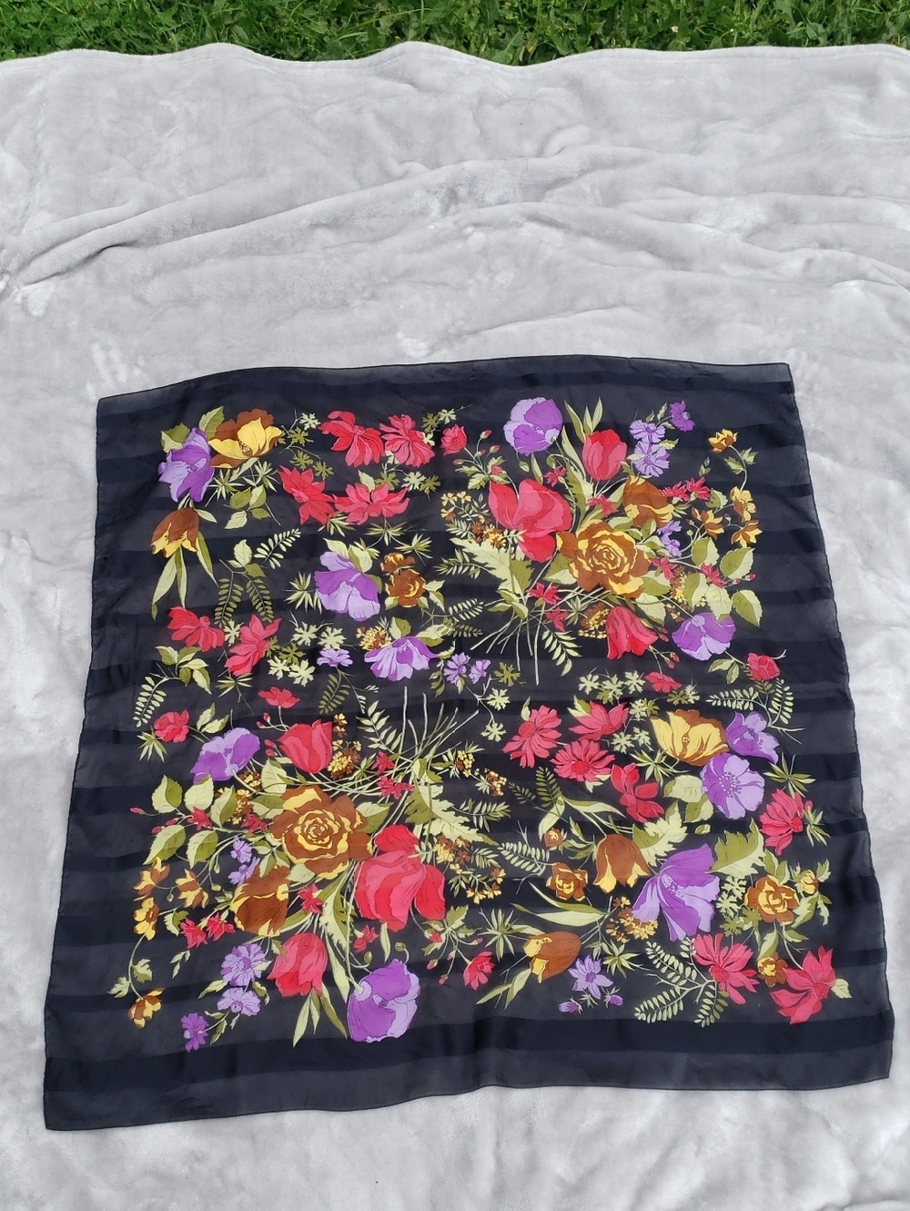 Floral Print Black Women's Scarf with Multicolor Blooms
